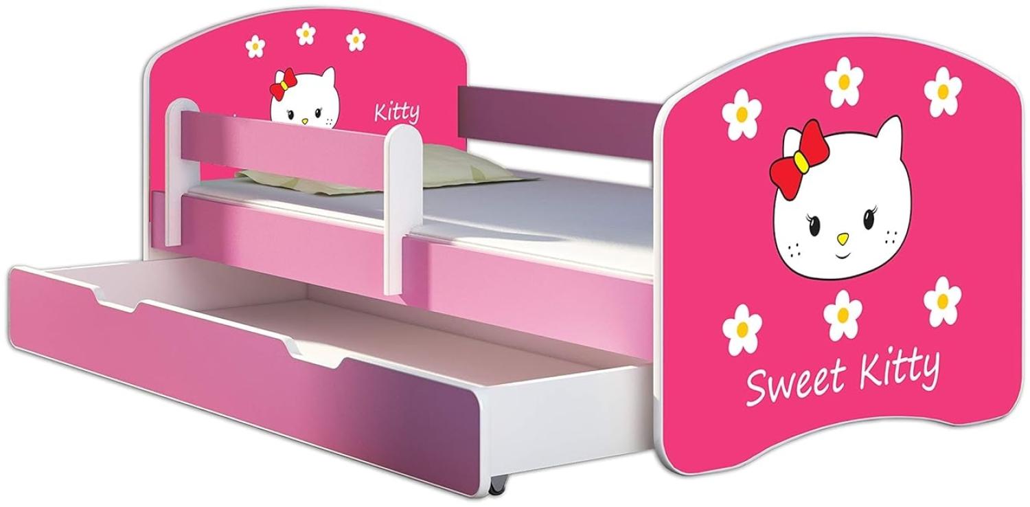 Kinderbett Jugendbett mit einer Schublade und Matratze Rausfallschutz Rosa 70 x 140 80 x 160 80 x 180 ACMA II (16 Sweet Kitty 2, 80 x 160 cm mit Bettkasten) Bild 1