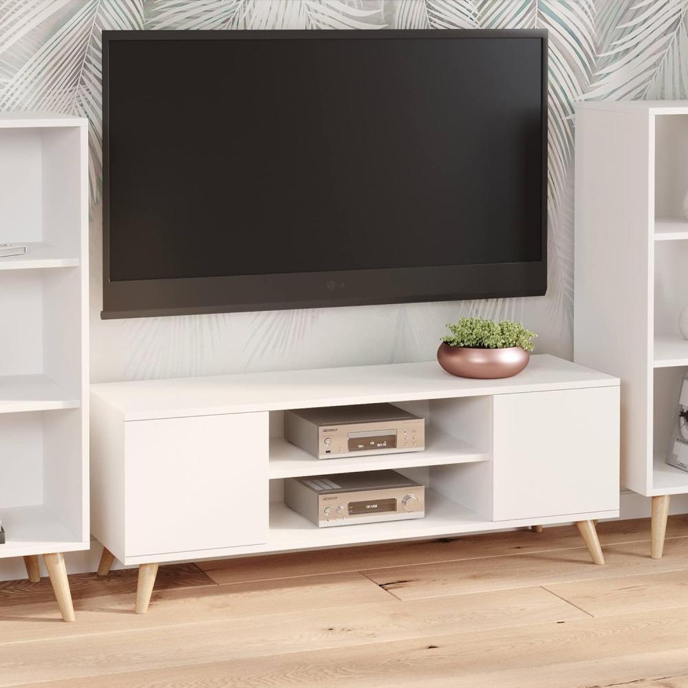 Dmora TV-Schrank mit 2 Türen und 1 Mittelregal, Sideboard mit Füßen, Wohnzimmerbuffet im skandinavischen Stil, cm 155x40h50, Farbe Weiß Bild 1