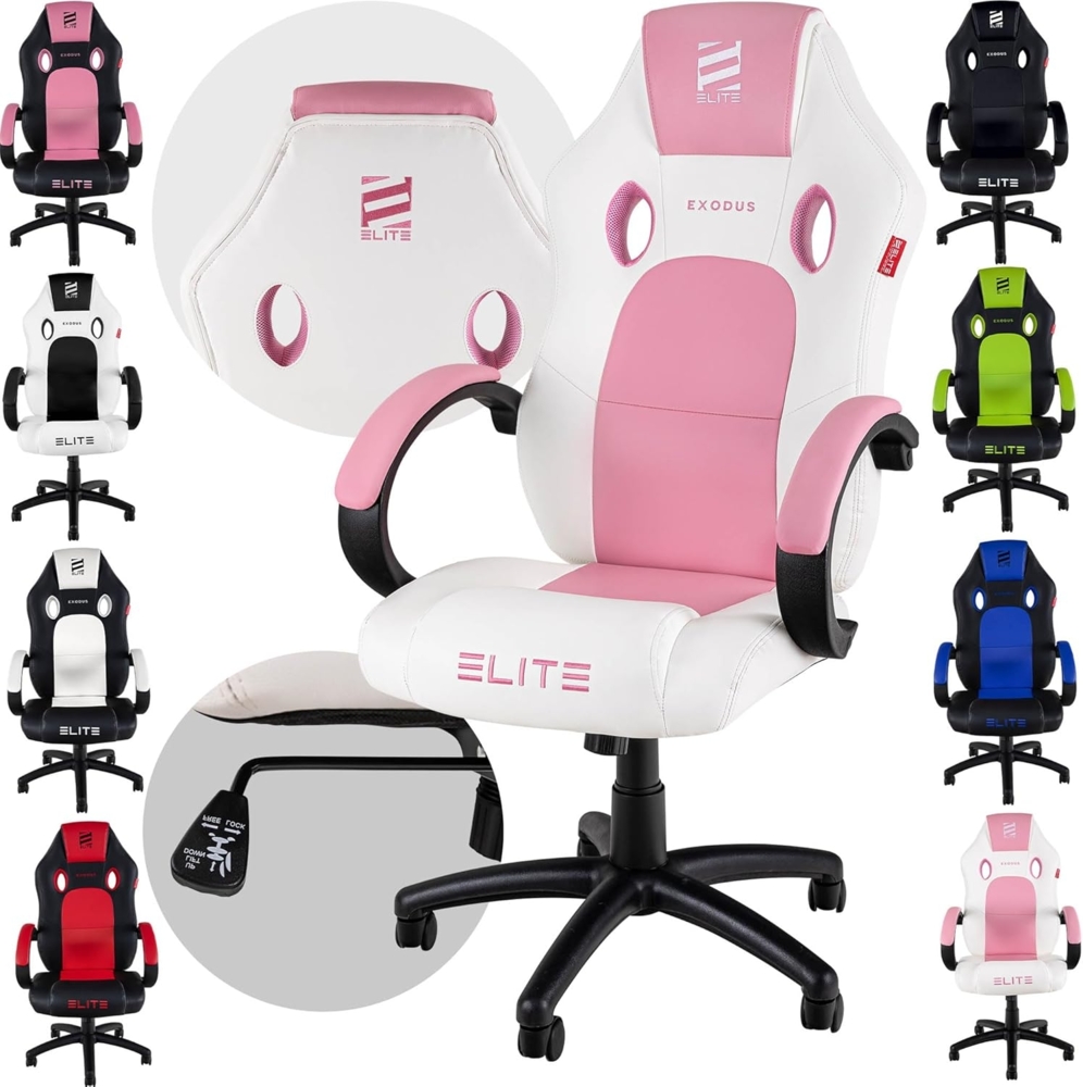 ELITE Gaming Stuhl MG100 Exodus - Ergonomischer Bürostuhl - Schreibtischstuhl - Chefsessel - Sessel - Racing Gaming-Stuhl - Gamingstuhl - Drehstuhl - Chair - Kunstleder Sportsitz (Weiß/Pink) Bild 1