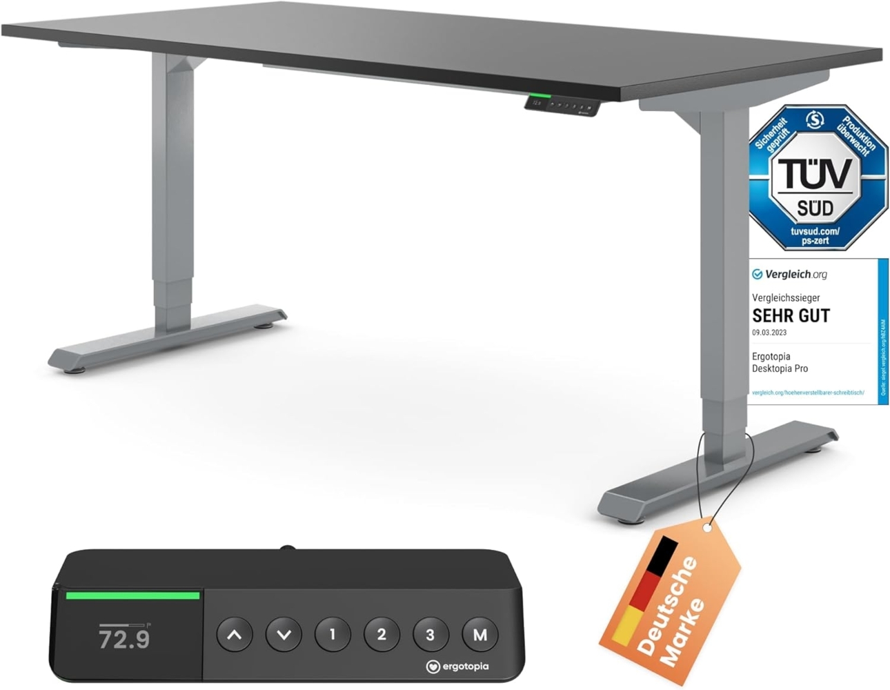 Desktopia Pro X - Elektrisch höhenverstellbarer Schreibtisch / Ergonomischer Tisch mit Memory-Funktion, Schwarz, Gestell Grau, 160x80 cm Bild 1