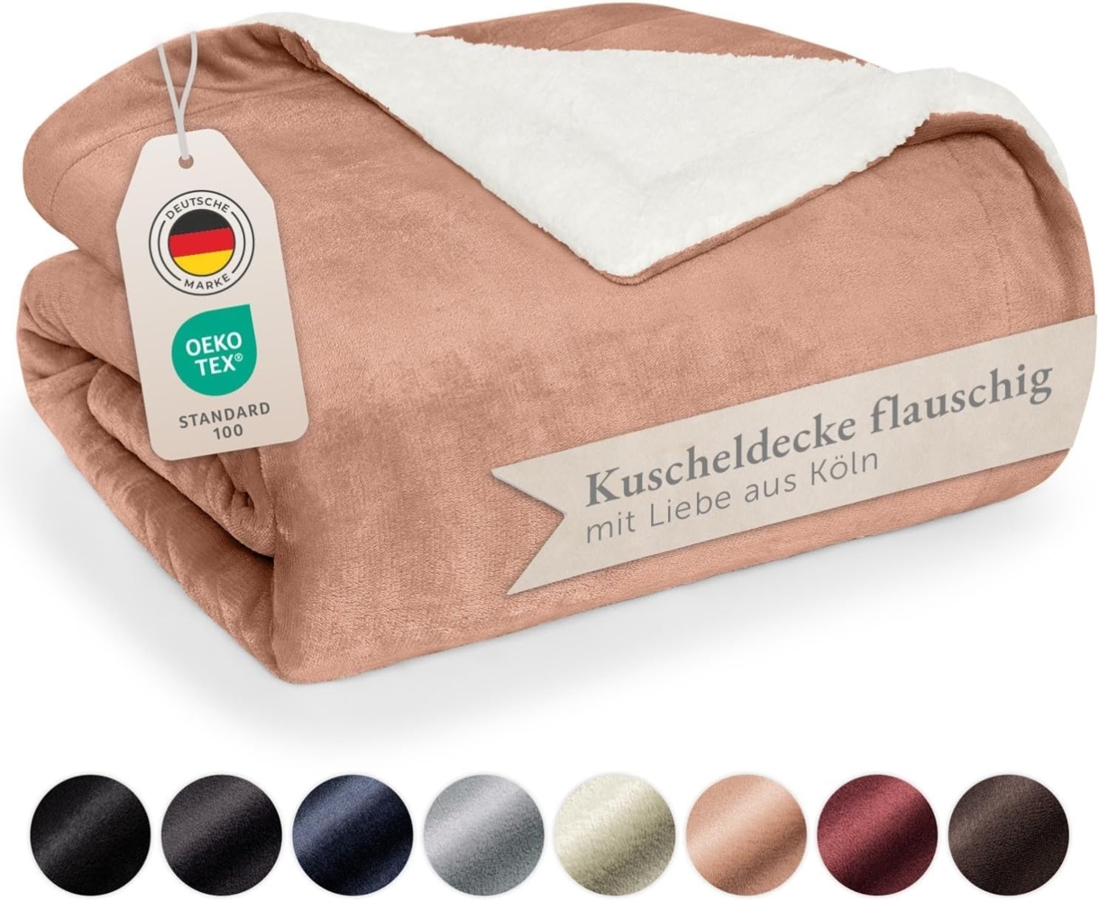 Blumtal Premium Sherpa Kuscheldecke flauschig - Wohndecke Kuscheldecke 230x270 cm - Oeko-TEX zertifizierte Fleecedecke 230x270 cm - Wohn- & Kuscheldecke XXL - Dicke Decke Winter in Dusty Pink - Rosa Bild 1