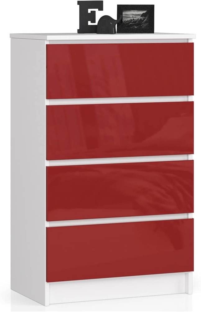 AKORD Kommode mit 4 Schubladen Beistellschrank Highboardmodernes Sideboard für Wohnzimmer Esszimmer Schlafzimmer Flur Badezimmer 60 x 99 x 40 cmWeiß / Rot Glänzend Bild 1