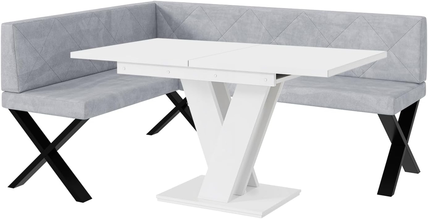 MEBLINI Eckbank für Esszimmer mit ausziehbarem Tisch - Küchenbank - Essecke - Sitzecke Küche - ERIC - X-Beine 128x168x87cm Links - Hellgrau Samt/M Weiß Matt Bild 1
