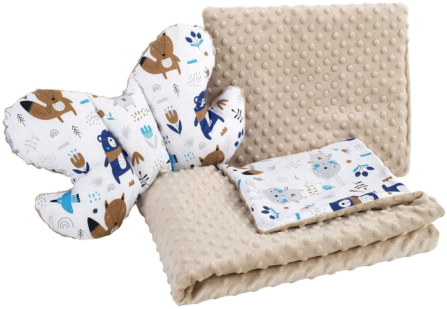 Babydecke Krabbeldecke Set 3in1 100% Baumwolle MINKY Kinderdecke 55x75 + 35x30cm flaches Kissen und Anti-Schock-Kissen Schmetterling Medi Partners (Boho animals mit beige Minky), 5903031427042 Bild 1