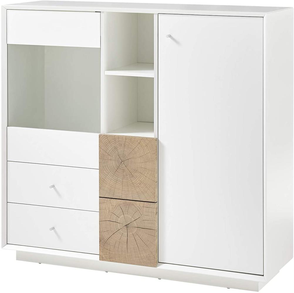 Robas Lund Wohnzimmerschrank Highboard weiß matt, Wohnzimmerschrank mit Absetzung Eiche Hirnholzoptik, BxHxT 122x113x40 cm Bild 1