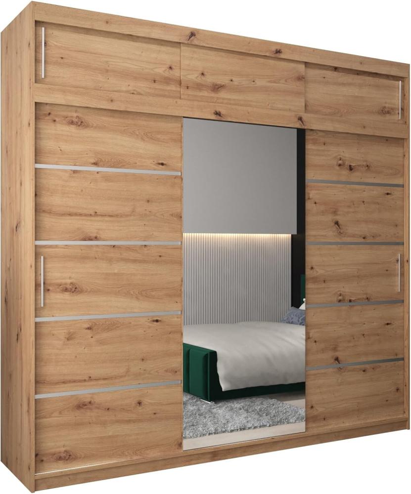 Kryspol Schwebetürenschrank Verona 2-250cm mit Spiegel Kleiderschrank mit Kleiderstange und Einlegeboden Schlafzimmer- Wohnzimmerschrank Schiebetüren Modern Design (Artisan Eiche mit Erweiterung) Bild 1