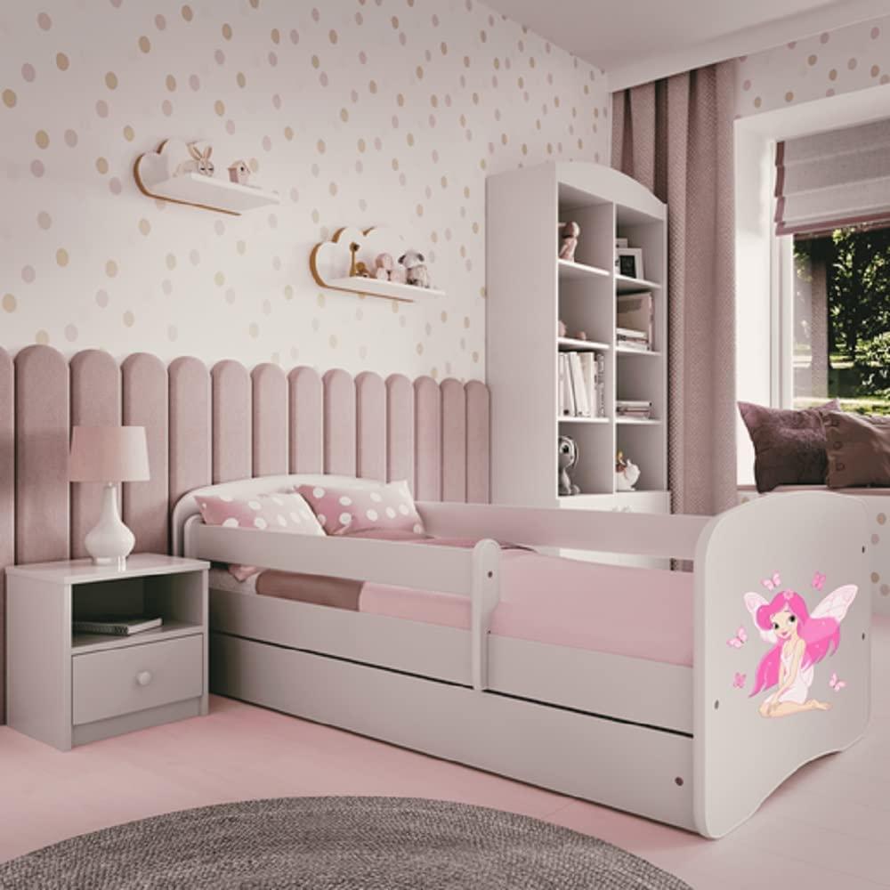 Kinderbett 180x80 mit Rausfallschutz, Lattenrost & Schublade in weiß 80x180 Mädchen Bett rosa Fee Bild 1