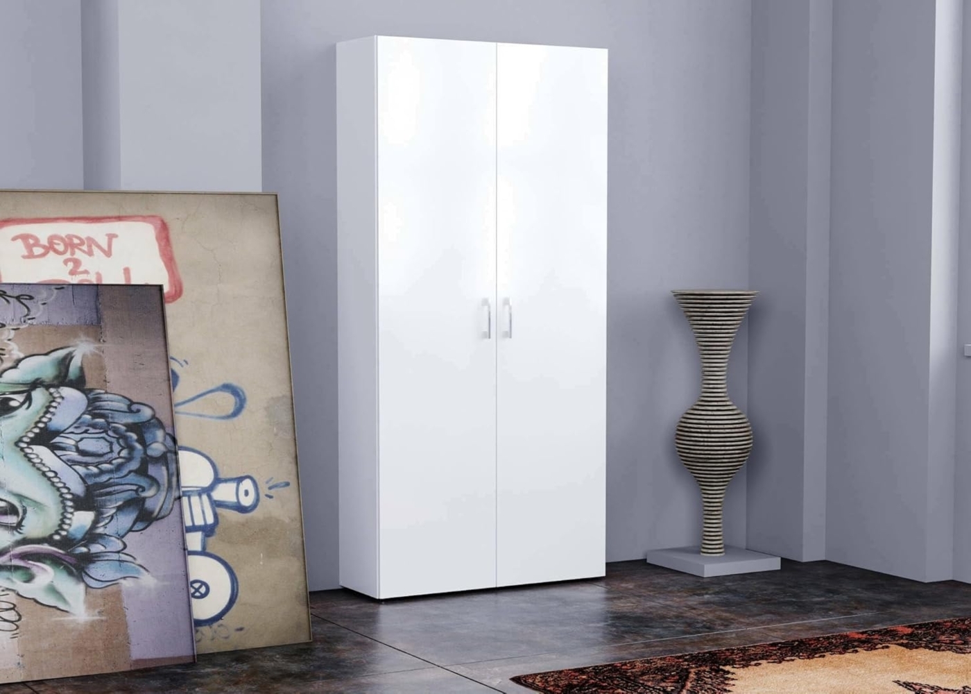 Dmora - Schuhregal Simone, Mehrzweckschrank mit 2 Türen und Innenregalen, Schuhregal für den Eingangsbereich, 100 % Made in Italy, 91 x 33 x 190 cm, glänzendes Weiß, Bild 1