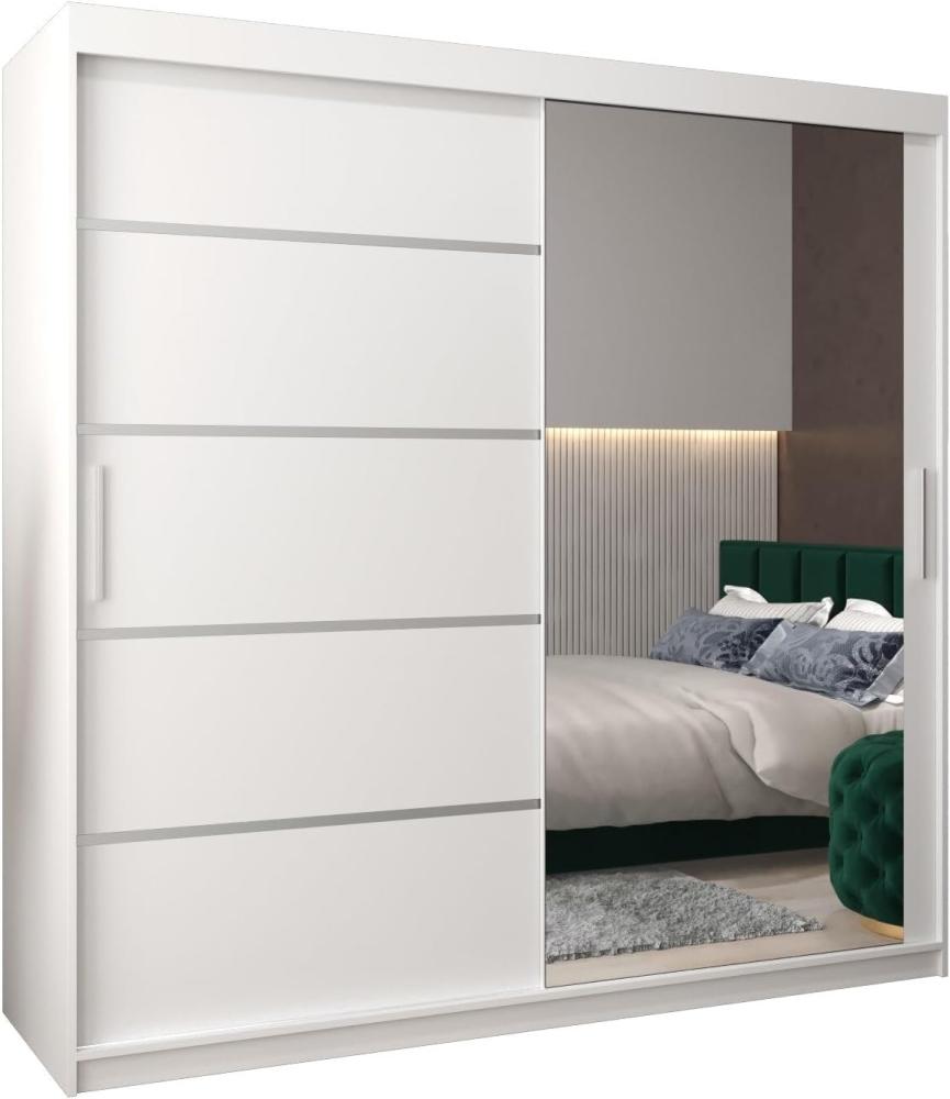 Kryspol Schwebetürenschrank Verona 2-200 cm mit Spiegel Kleiderschrank mit Kleiderstange und Einlegeboden Schlafzimmer- Wohnzimmerschrank Schiebetüren Modern Design (Weiß) Bild 1