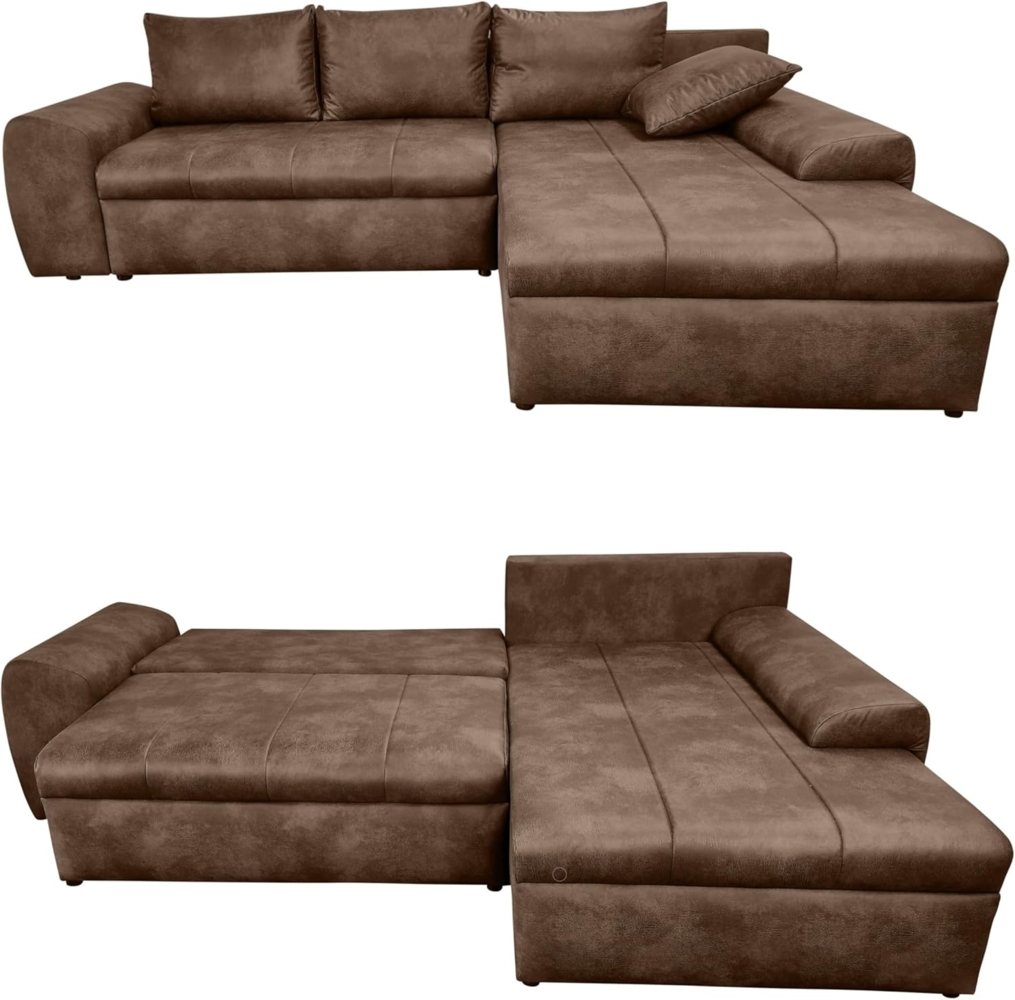 luma-home Ecksofa 18011, mit Bettfunktion 266x186 cm, Ottomane rechts, Federkern im Rücken, Wellenunterfederung, Bettkasten, Mikrofaser Leder-Optik Vintage Braun Bild 1