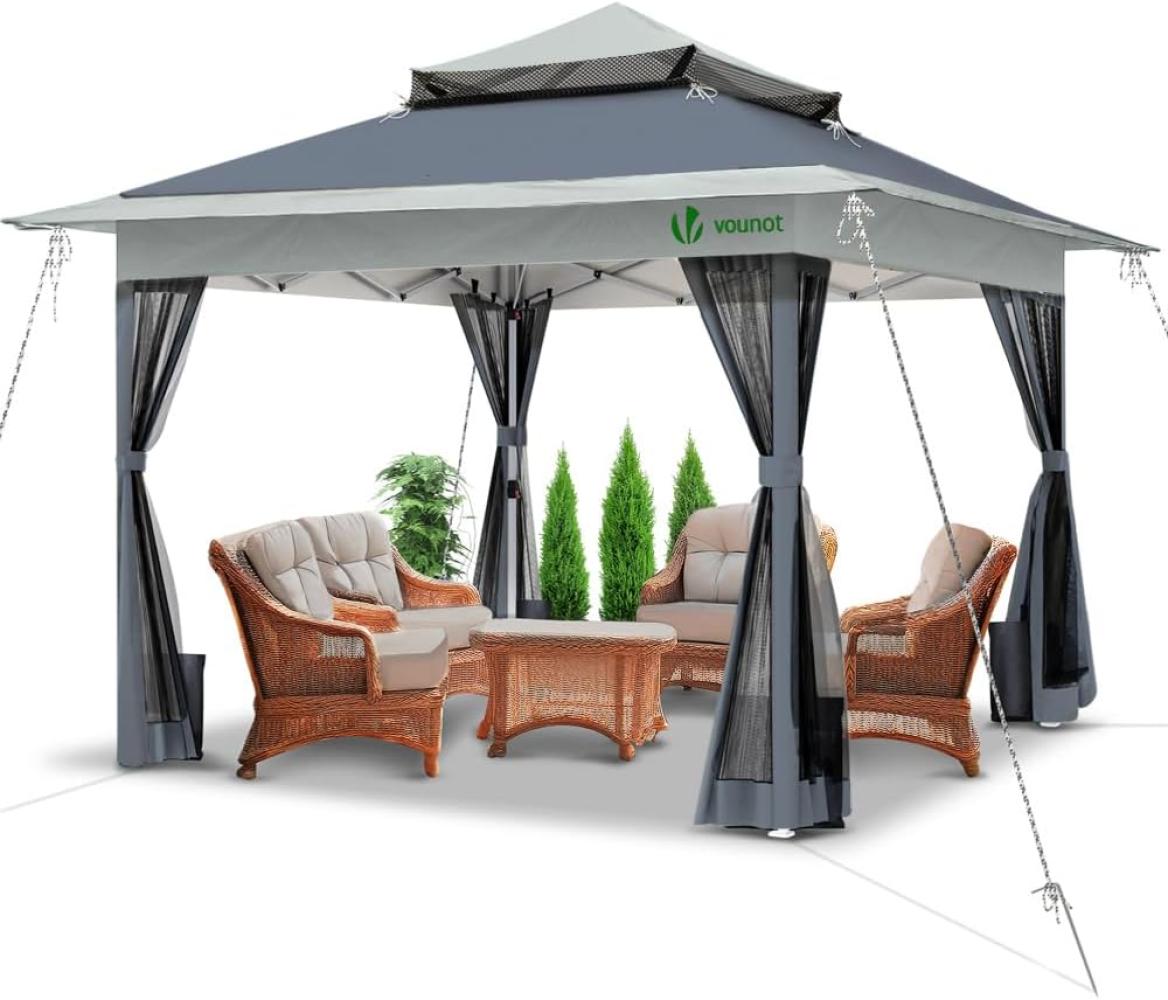 VOUNOT Pavillon Faltbar 3,6x3,6m, Pop Up Partyzelt mit Mesh Sides & Doppeldach, Faltpavillon Stabil mit Bein Gewichte & Roller Bag, Gartenpavillon Gartenzelt Grau Bild 1