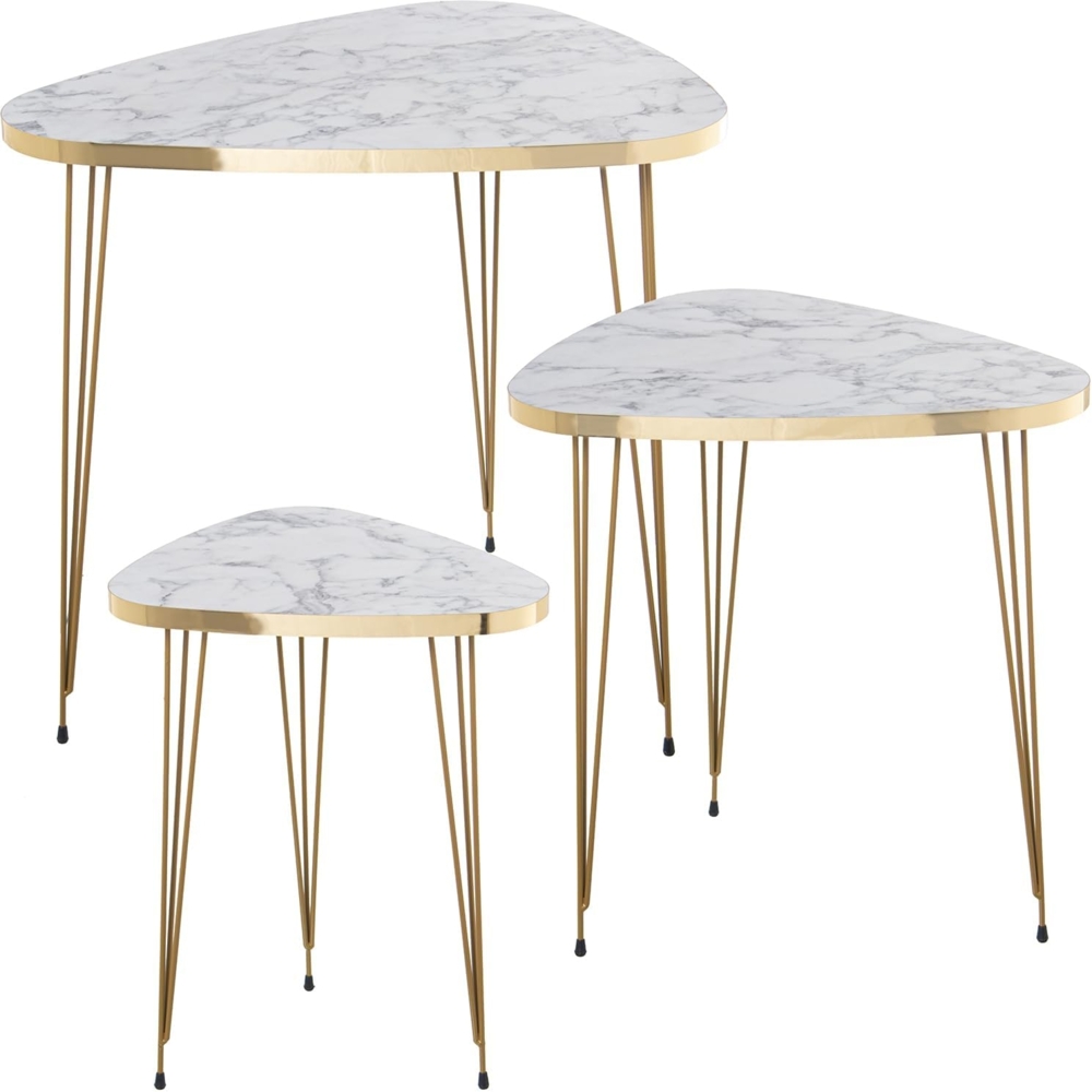 DRW Set mit 3 Beistelltischen aus Holz und Metall in Gold und Weiß, Marmor-Effekt, 55 x 48 x 53, 45 x 40 x 49 und 35 x 31 x 45 cm, 55 x 48 x 53, 45 x 40 x 49 y 35 x 31 x 45 cm Bild 1