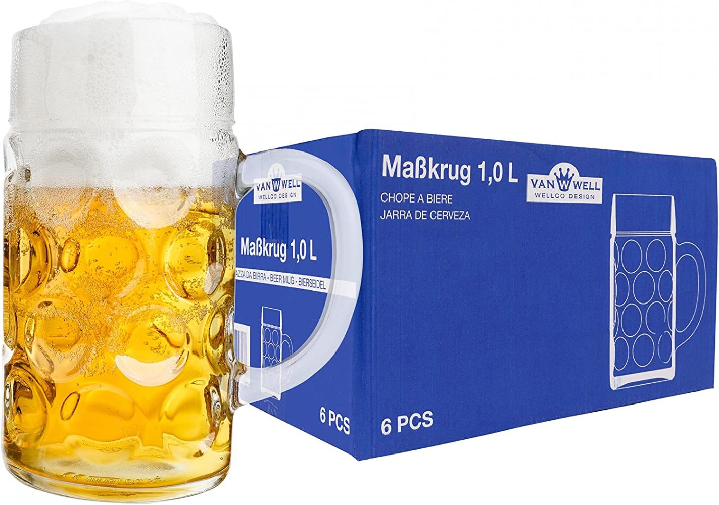 6er Set Maßkrug 1 Liter geeicht Bierkrug mit Henkel Bierglas perfekt geeignet für Gastronomie Bild 1