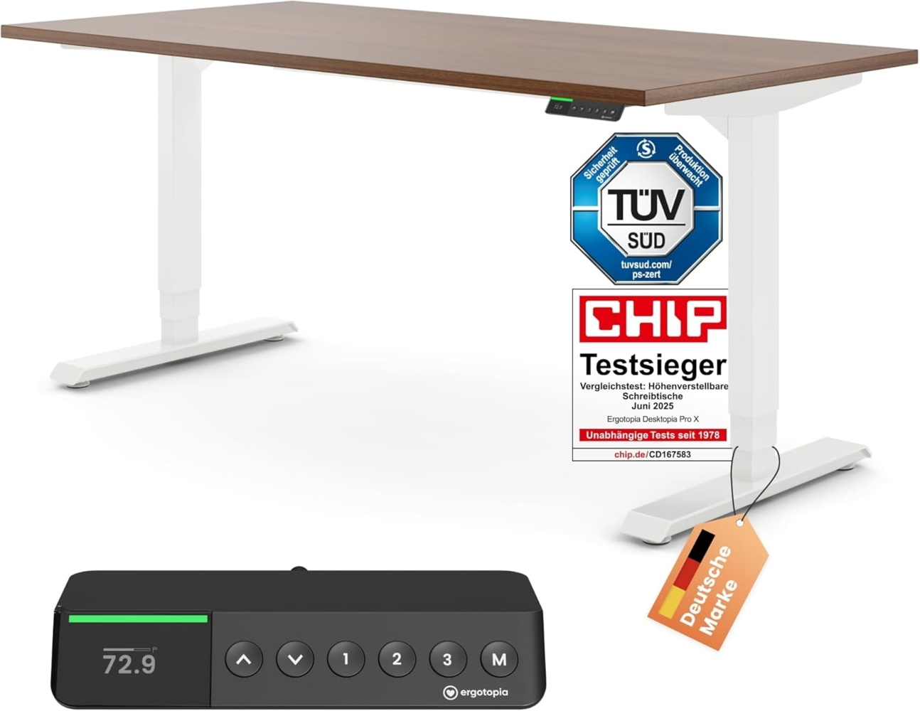 Desktopia Pro X - Elektrisch höhenverstellbarer Schreibtisch / Ergonomischer Tisch mit Memory-Funktion, Nussbaum, Gestell Weiß, 180x80 cm Bild 1