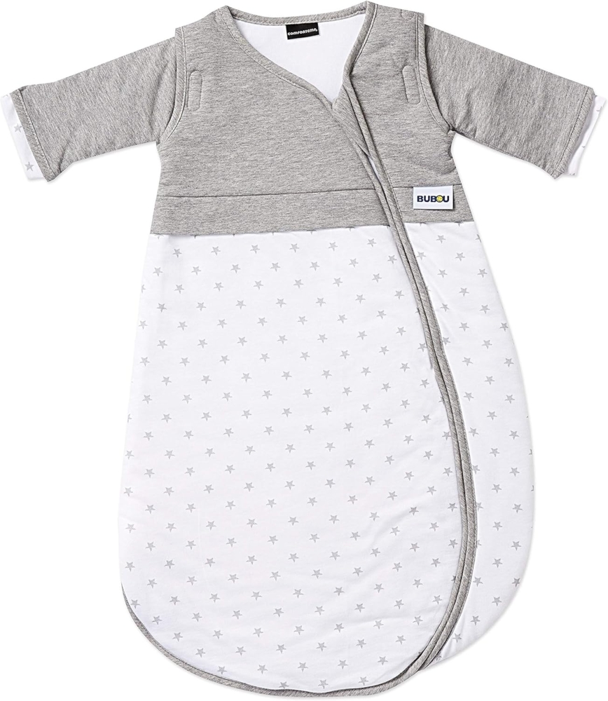 Gesslein 773083 Bubou Babyschlafsack mit abnehmbaren Ärmeln: Temperaturregulierender Ganzjahreschlafsack für Baby/Kinder Größe 110 cm, grau meliert/weiß mit Sternen Bild 1