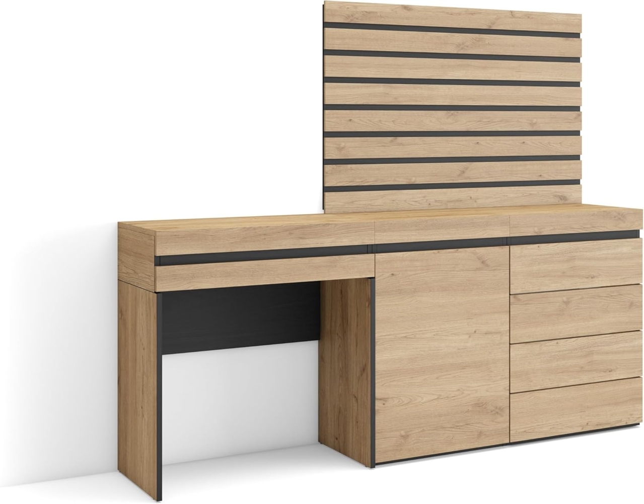 Skraut Home | Schminktisch | Frisiertisch mit Stauraum | 177 x 145 x 35 cm | mit Schublade | Kommode mit Schubladen | Lamellenwand Holz | Moderner Stil | Eiche Bild 1