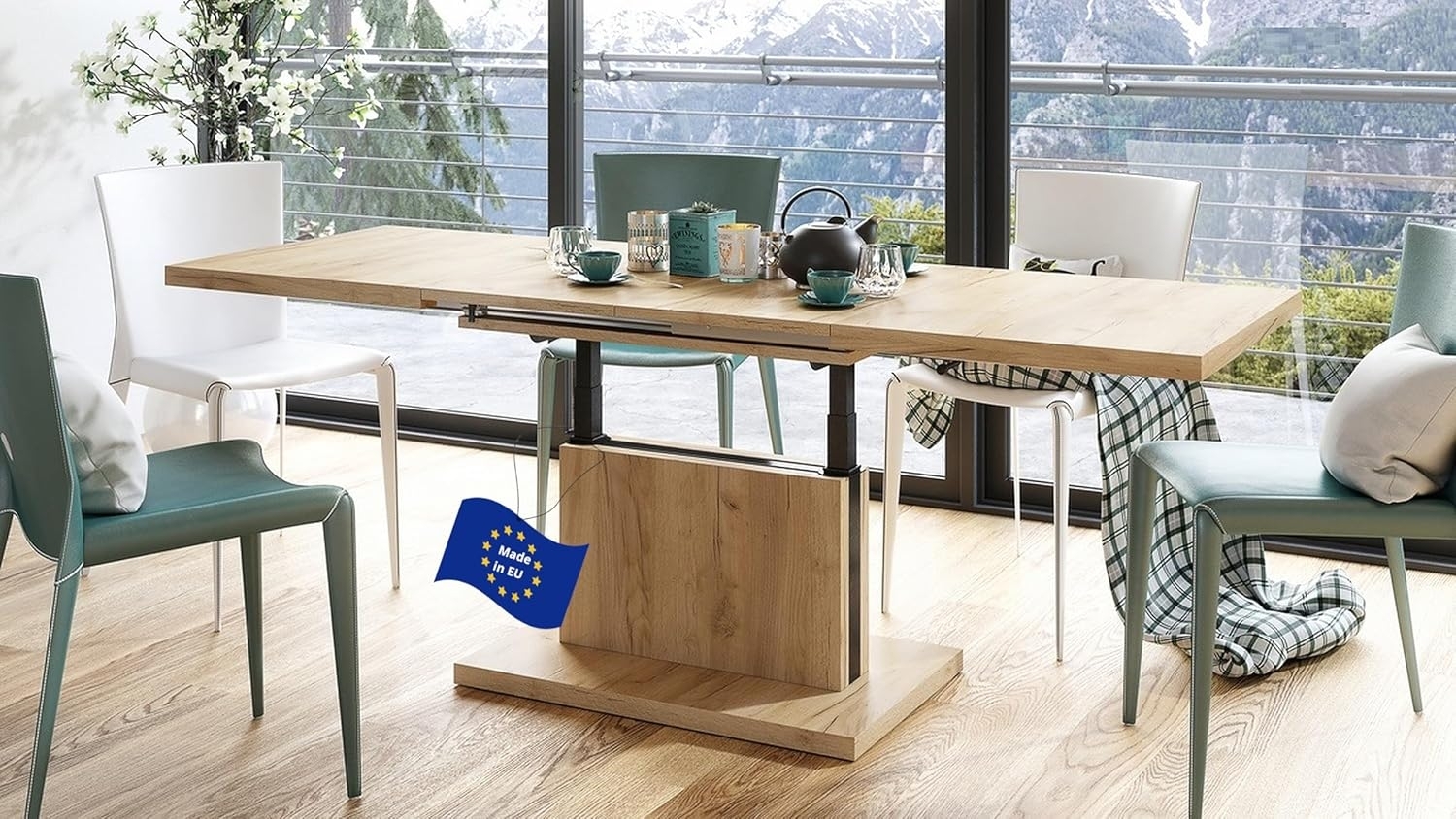 Mazzoni Couchtisch Aston Eiche Gold Craft stufenlos höhenverstellbar ausziehbar 120-200cm, Funktionstisch, Wohnzimmertisch, Tisch, Esstisch, Sofatisch Bild 1