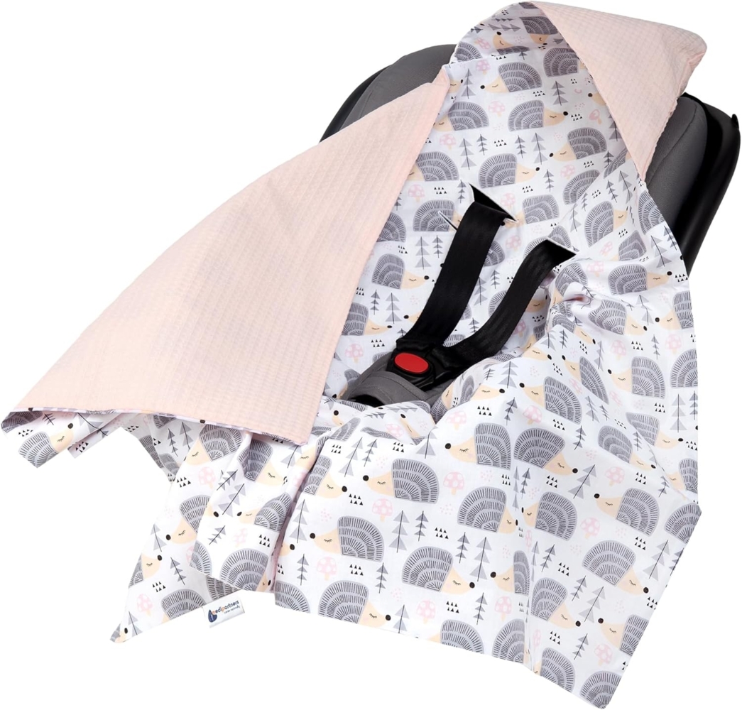 Medi Partners Einschlagdecke Baby Babyschale 100% Baumwolle für Sommer 85x85 cm Kinderwagen Kuscheldecke universal Baby Decke Einschlagdecken Babydecke Buggy Autositz (Graue Igel mit Hellrosa Waffel) Bild 1