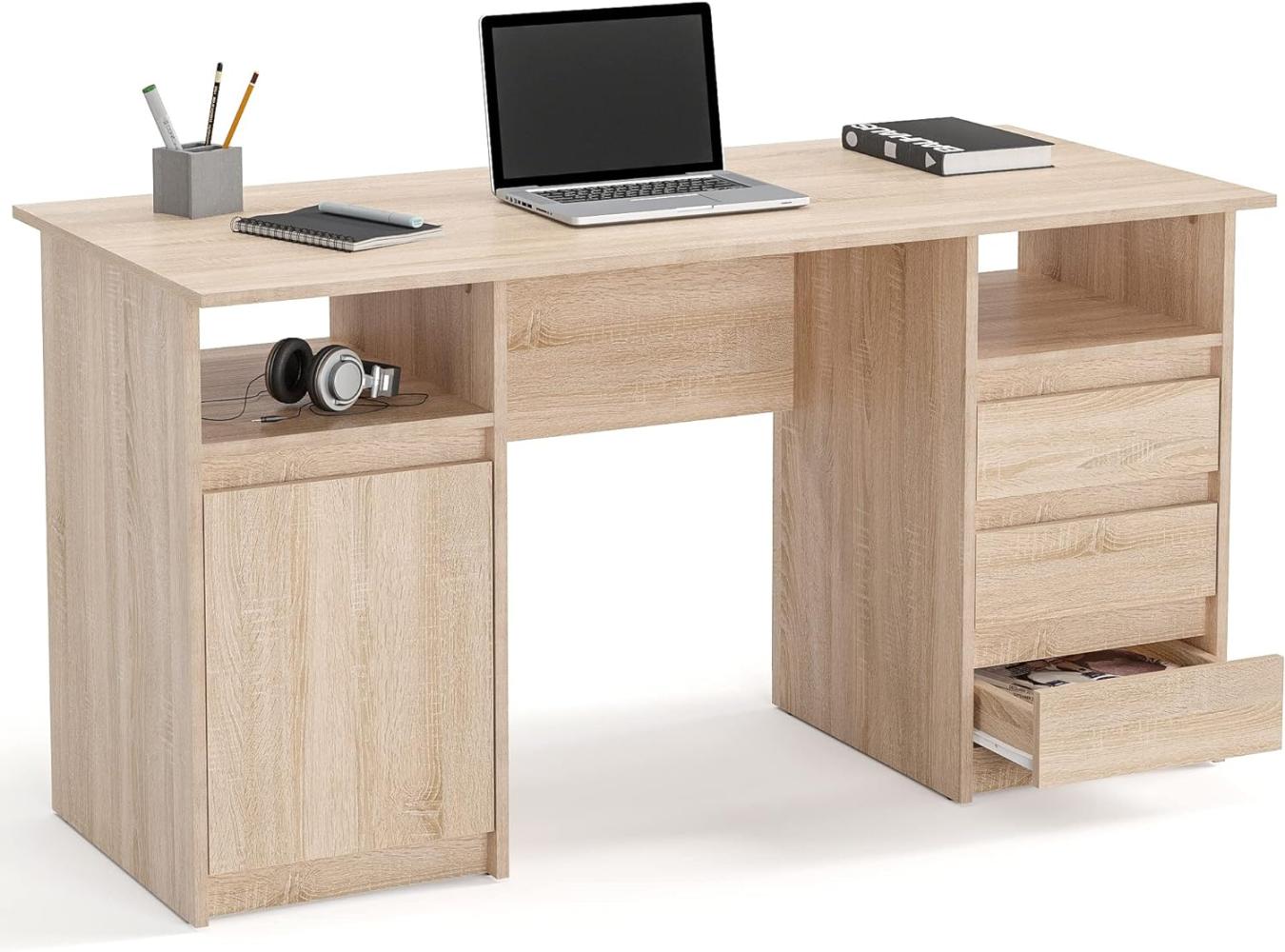 KOMTO Schreibtisch mit Schubladen - Oslo 145 x 65 x 76 cm Moderner Schreibtisch Sonoma Eiche Bürotisch Computertisch Arbeitstisch Büro PC-Tisch Kinderschreibtisch mit Stauraum Bild 1