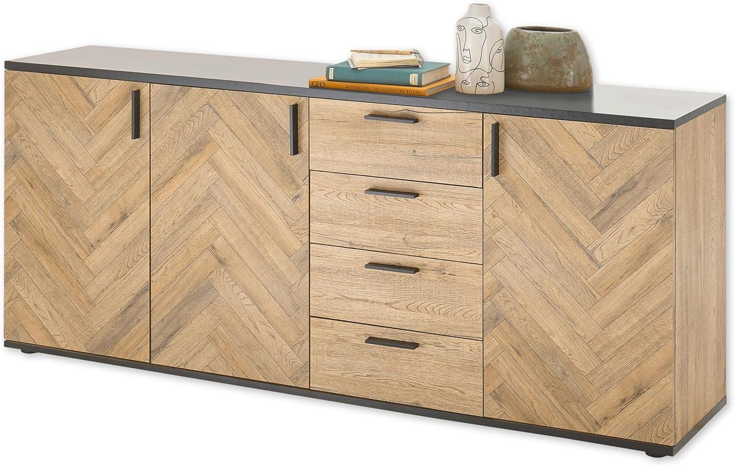 SEVILLA Sideboard mit Fischgrätenmuster in Bartex Eiche Optik, Schwarz - Moderne Kommode mit Schubladen und viel Stauraum - 184 x 83 x 38 cm (B/H/T) Bild 1