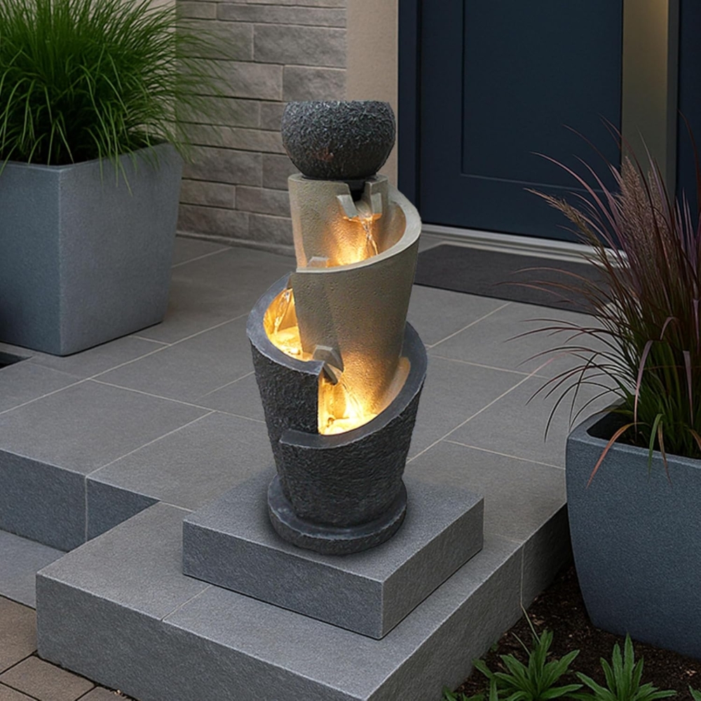 Arnusa Gartenbrunnen Springbrunnen mit LED Beleuchtung inkl. Dekobecken, Gartendekoration Wasserspiel Warmweiß Bild 1