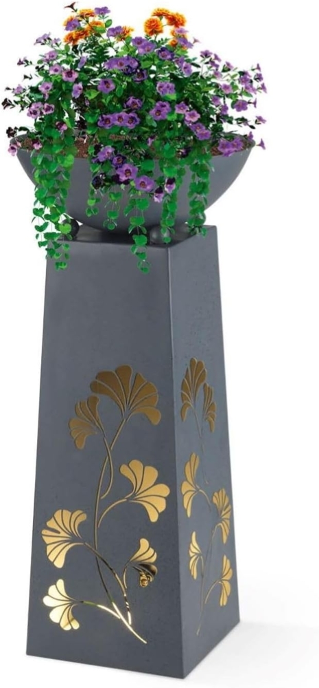 Hoberg Dekosäule LED Pflanzsäule Ginkgoblätter-Design in Beton-Optik, In- und Outdoor geeignet, Integrierte Beleuchtung, 6h Timer, kabellos Bild 1