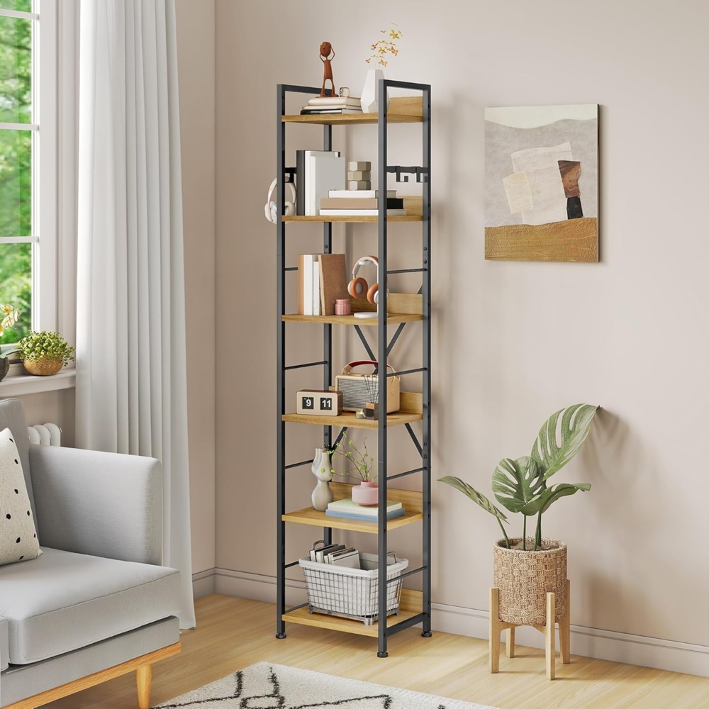 YITAHOME Bücherregal mit 6 Ebenen, Industrielles Standregal, Metallrahmen und Holzregale, Hohes Lagerregal mit 4 Haken, Präsentationsorganizer, für Wohnzimmer, Heimbüro, Eichenfarbe Regal Bild 1