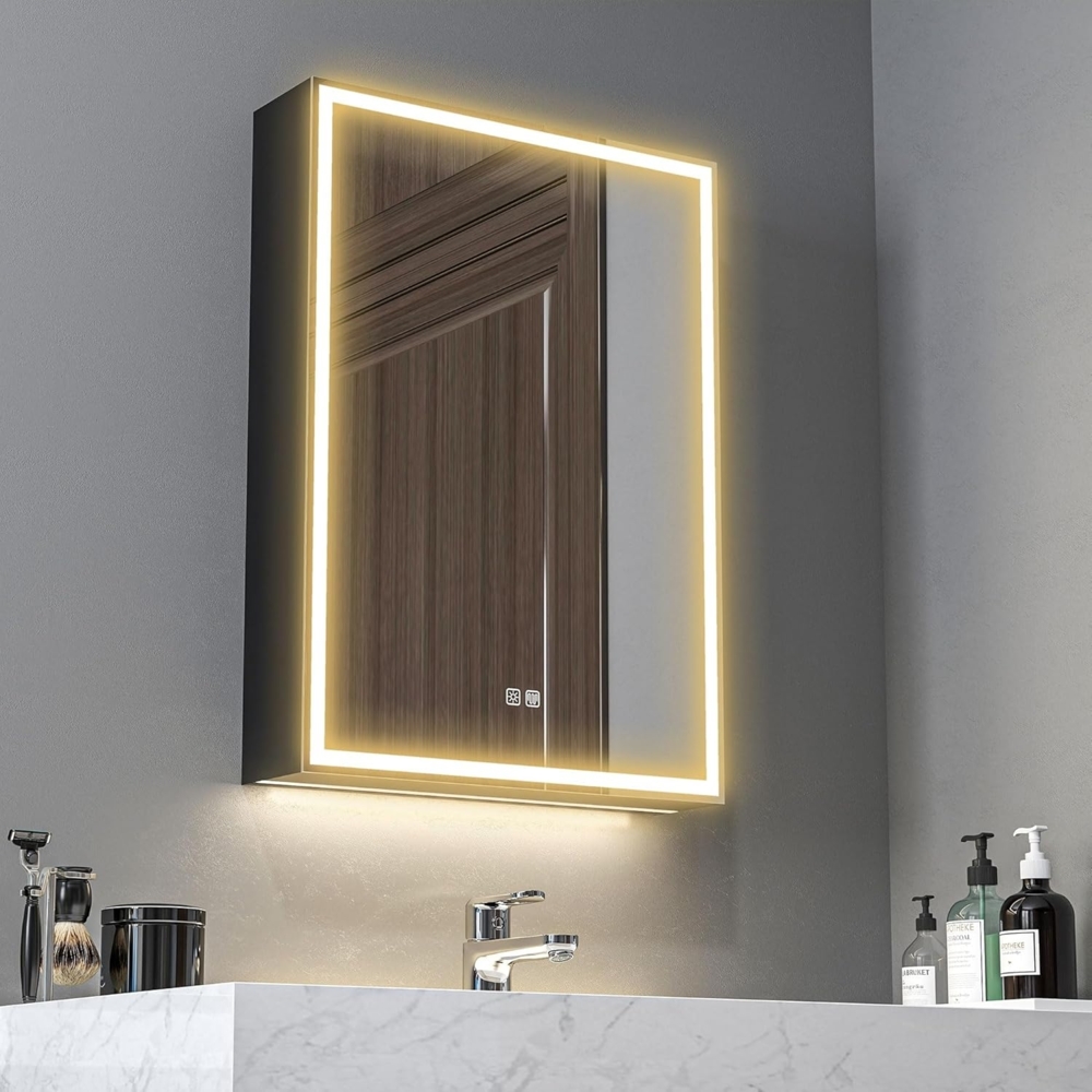 HOMCOM Spiegelschrank mit LED-Beleuchtung, Anti-Beschlag, 3 Lichtfarben, Memory-Funktion (Hängeschrank, 1-St, Badezimmerschrank) für Badezimmer, Schwarz, 50 x 12,8 x 70 cm Bild 1