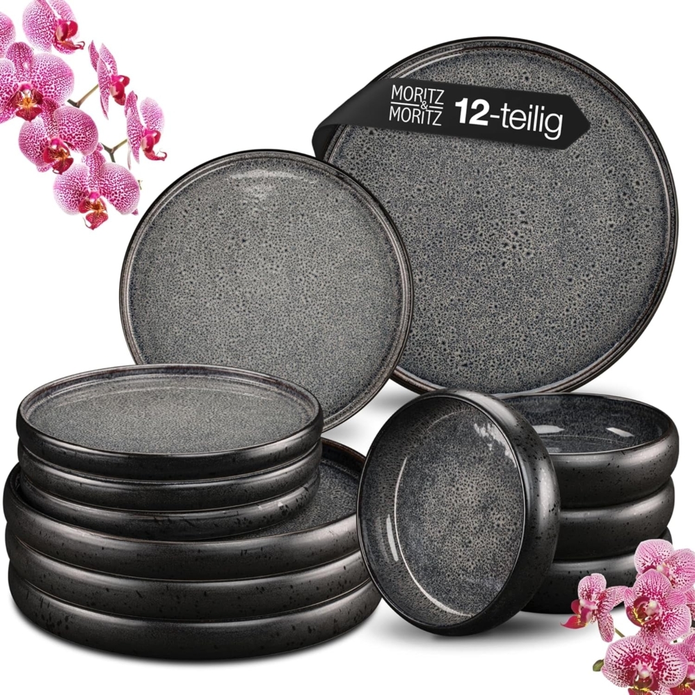 Moritz & Moritz Kombiservice SOLID 12tlg Geschirrset Anthrazit (12-tlg), 4 Personen, Steinzeug, Kombigeschirr für 4 Personen Bild 1