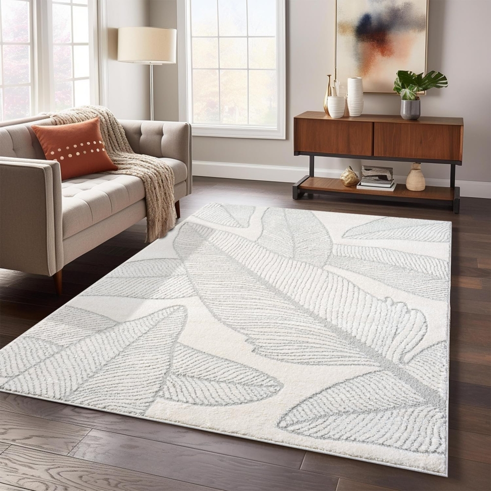 Teppich Wohnzimmer - 120x170cm Creme-Grau Hochtief Struktur Flachflor - Florales Muster Boho Wohnteppich Bild 1