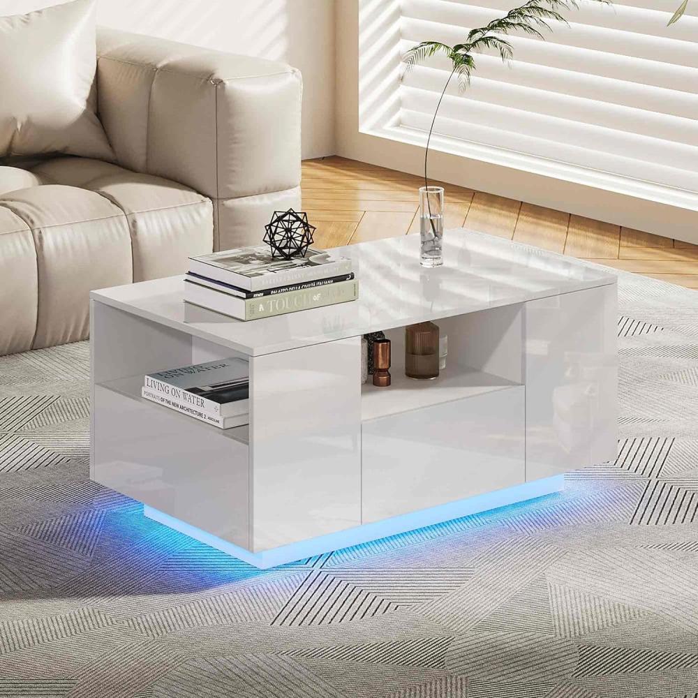 Makika LED Couchtisch mit Ablagefach und Schubladen, Holz weiß, Hochglanz, 95 x 57 x 45 cm Bild 1