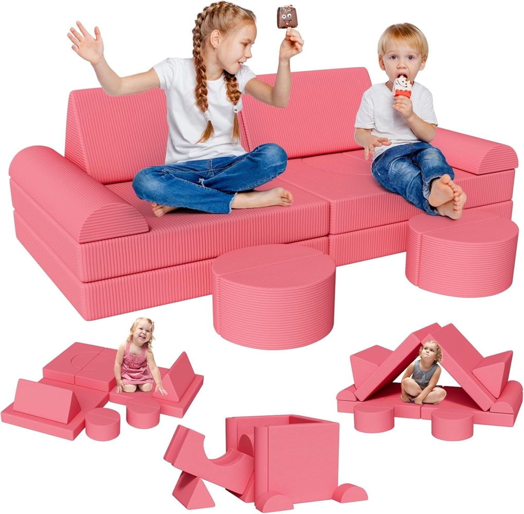 Clevich Spielsofa für Kinder, 15-Teiliges Modulare Kinderspielcouch, Kindersofa ausklappbar, Oeko-TEX100 Zertifiziert, Schlafsofa aus Schaumstoff, für Kuschelecke im Kinderzimmer, Kuschel-Cord (Rosa) Bild 1
