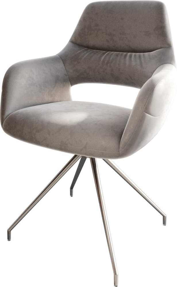 Esszimmerstuhl Yago-Flex mit Armlehnen Samt Grau Kreuzgestell konisch Edelstahl Taschenfederkern Bild 1