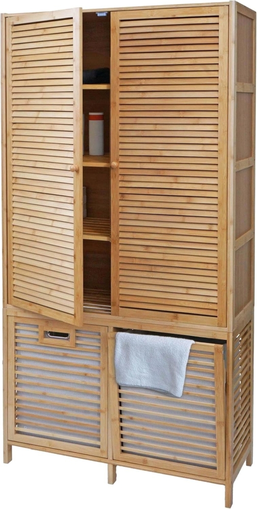 Bambus Badezimmerschrank HWC-N83, Regal Badregal Badschrank Schrank, 2 Wäschekörbe 2 Türen FSC® 168 x 82 x 34 cm Bild 1