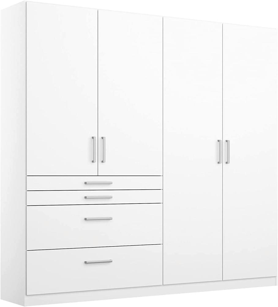 Rauch Möbel Harburg Schrank Kleiderschrank Drehtürenschrank Weiß 4-türig mit 4 Schubladen inklusive Zubehörpaket Basic 3 Einlegeböden, 1 Kleiderstange BxHxT 181x197x54 cm Bild 1