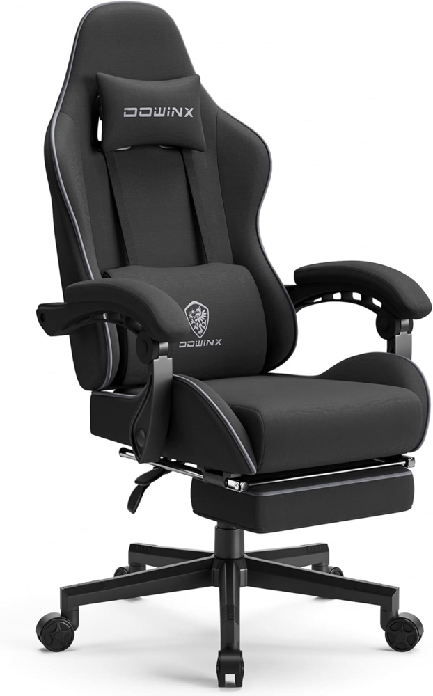 Dowinx Gaming Stuhl Ergonomischer Gamer Stuhl mit Massage Lendenwirbelstütze, Verstellbarer Drehsessel mit Fußstütze (Schwarz) Bild 1