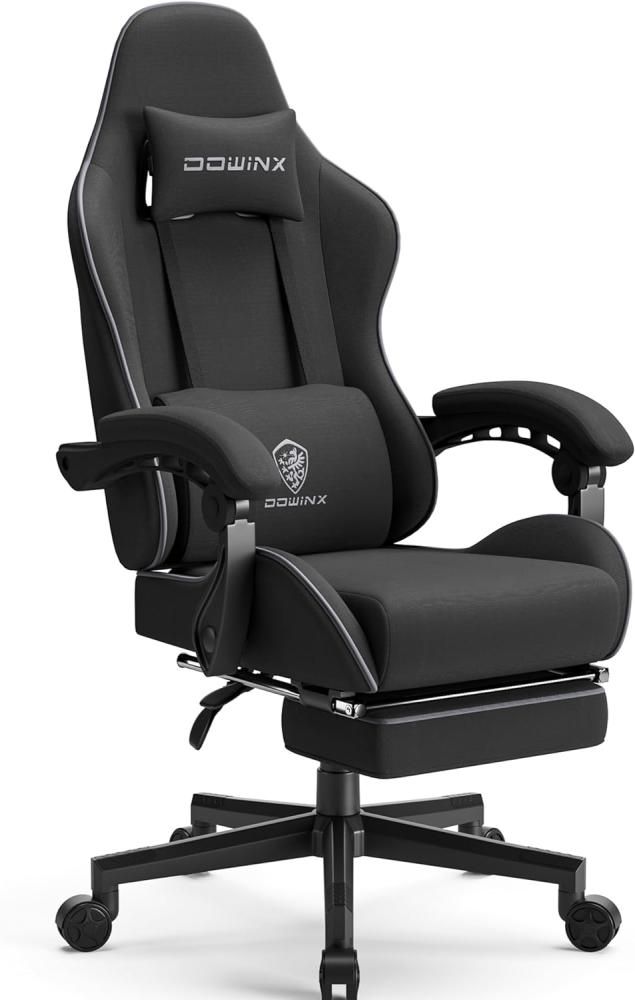 Dowinx Gaming Stuhl Ergonomischer Gamer Stuhl mit Massage Lendenwirbelstütze, Verstellbarer Drehsessel mit Fußstütze (Schwarz) Bild 1