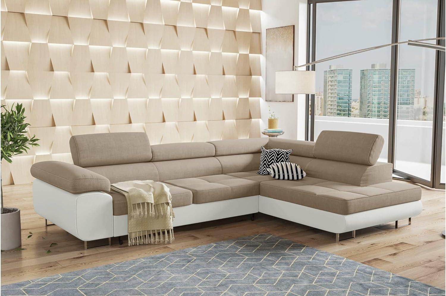 Stylefy Alejandro Ecksofa Kunstleder SOFT Mikrofaser ENJOY Weiss Beige Rechts Bild 1