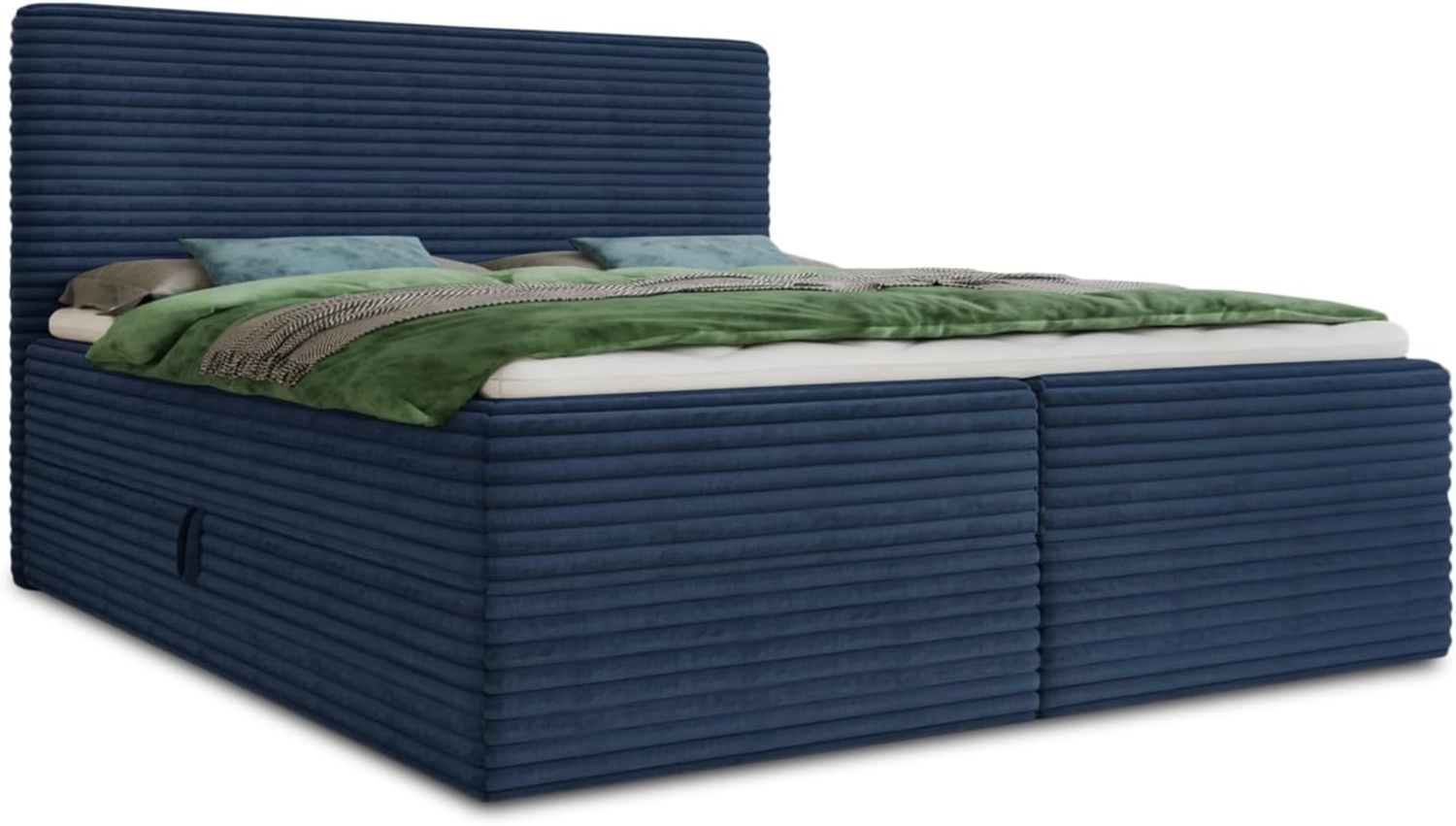 Boxspringbett Mollo mit 2 Bettkästen, Doppelbett mit Bonell-Matratze und Topper, Polsterbett in weichem Cordstoff, Bett, Bettgestell für Schlafzimmer (Blau (Tilia 77), 160 x 200 cm) Bild 1