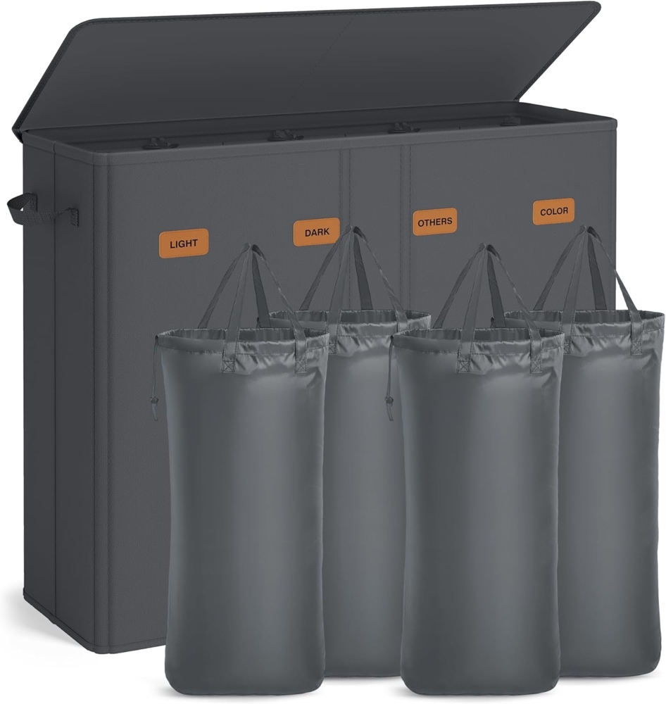 SONGMICS Wäschekorb mit 4 Fächern, 210 L, mit Deckel, 5 Etiketten, herausnehmbarer und waschbarer Innensack, Waschküche Schlafzimmer, dunkelgrau Bild 1