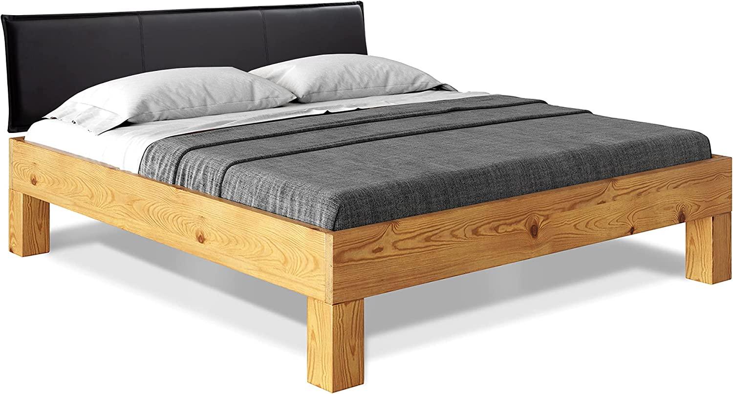 Möbel-Eins CURBY 4-Fuß-Bett mit Polster-Kopfteil, Material Massivholz, rustikale Altholzoptik, Fichte natur 90x200 cm Standardhöhe Kunstleder Schwarz ohne Steppung Bild 1