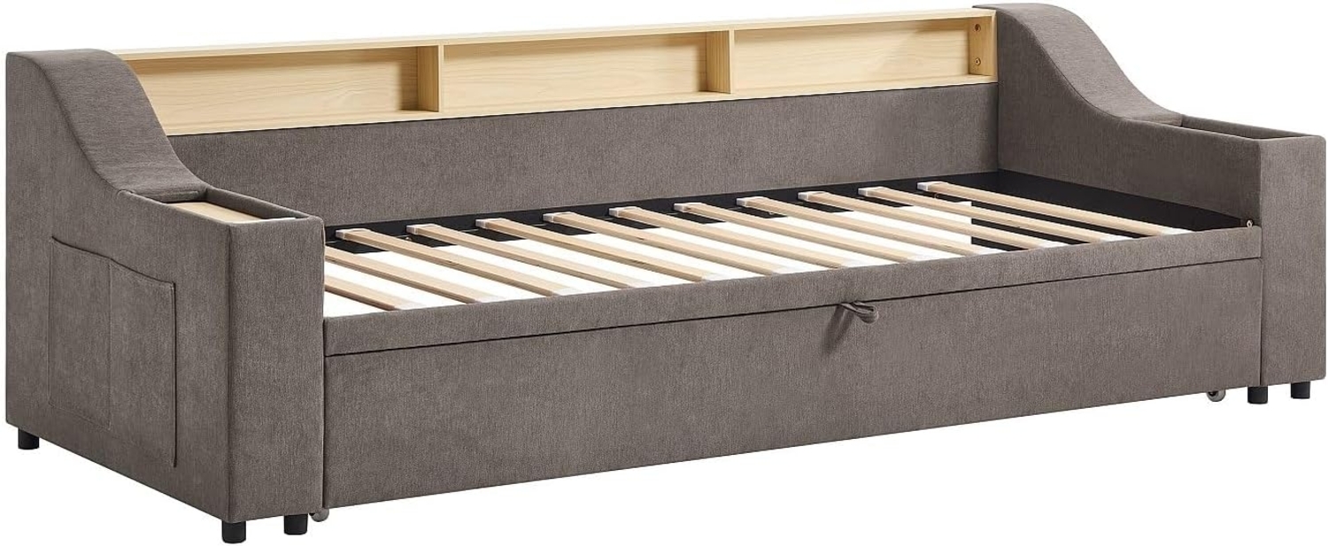 Vente-unique - Ausziehbett - 2 x 80 x 200 cm - mit Stauraum & USB-Anschluss - Stoff - Taupe - ORAVAYA Bild 1