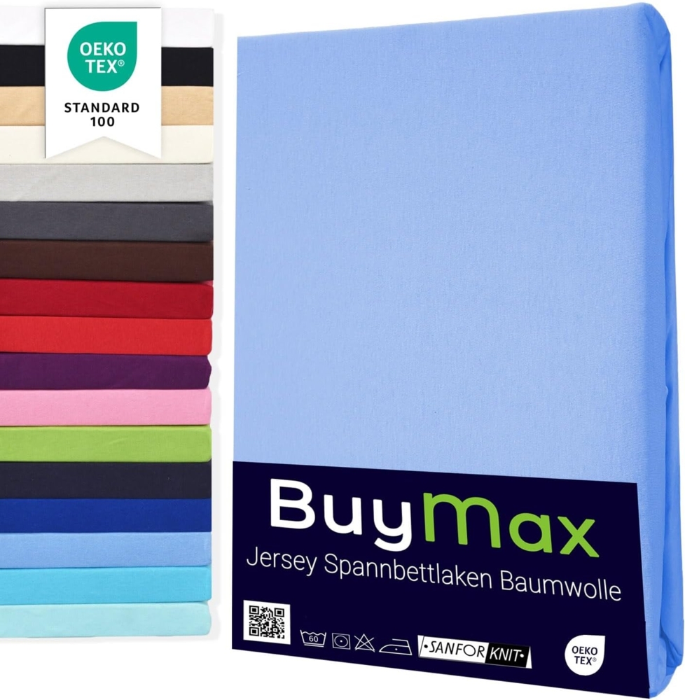 Buymax® Spannbettlaken 140x200 cm Doppelpack 100% Baumwolle Spannbetttuch Bettlaken Jersey, Matratzenhöhe bis 25 cm, Farbe Hellblau Bild 1