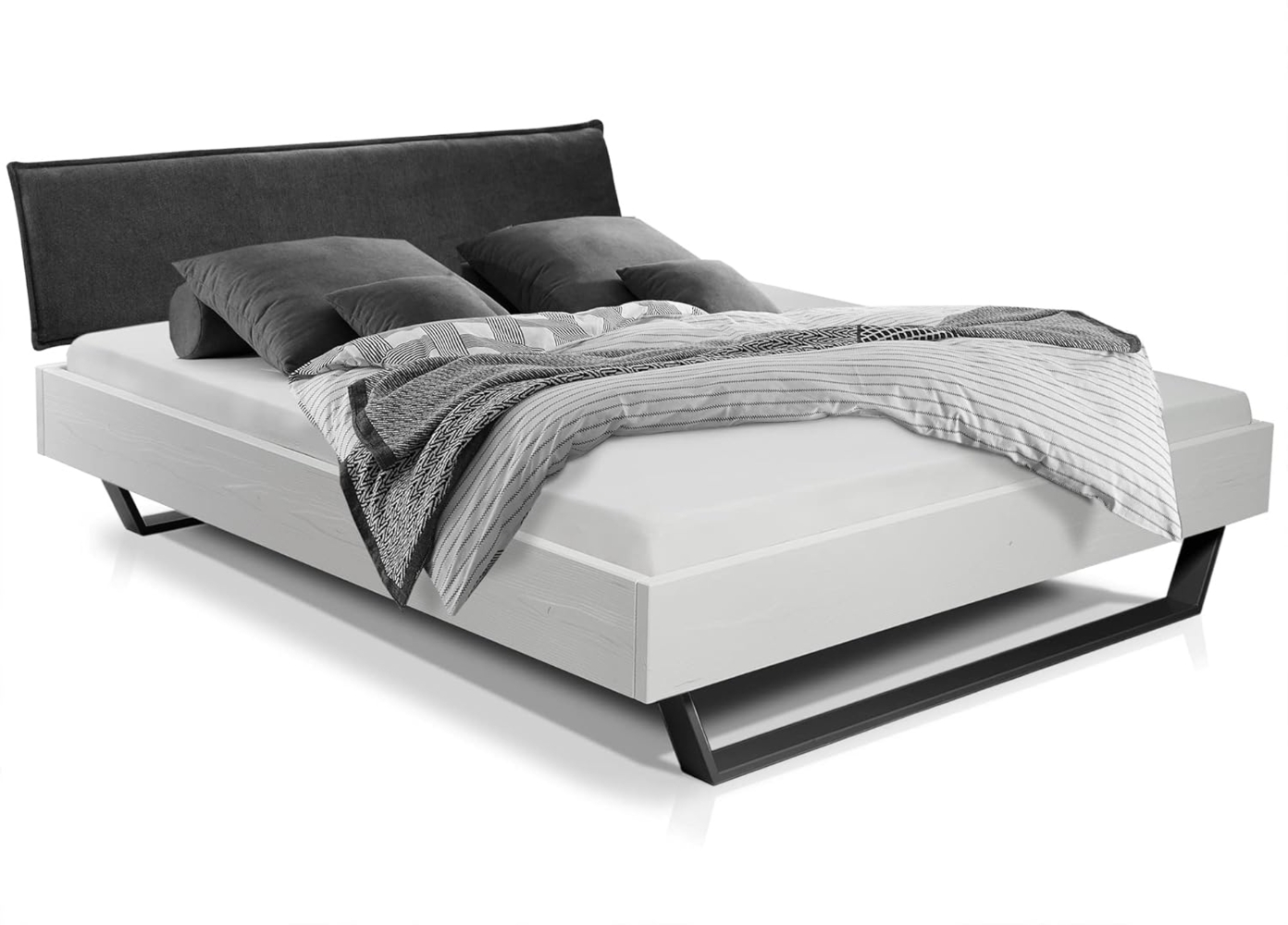Möbel-Eins LUKY Kufenbett mit Polsterkopfteil, Material Massivholz, Fichte massiv, Kufen schwarz weiss 200x200 cm Stoff Anthrazit Bild 1