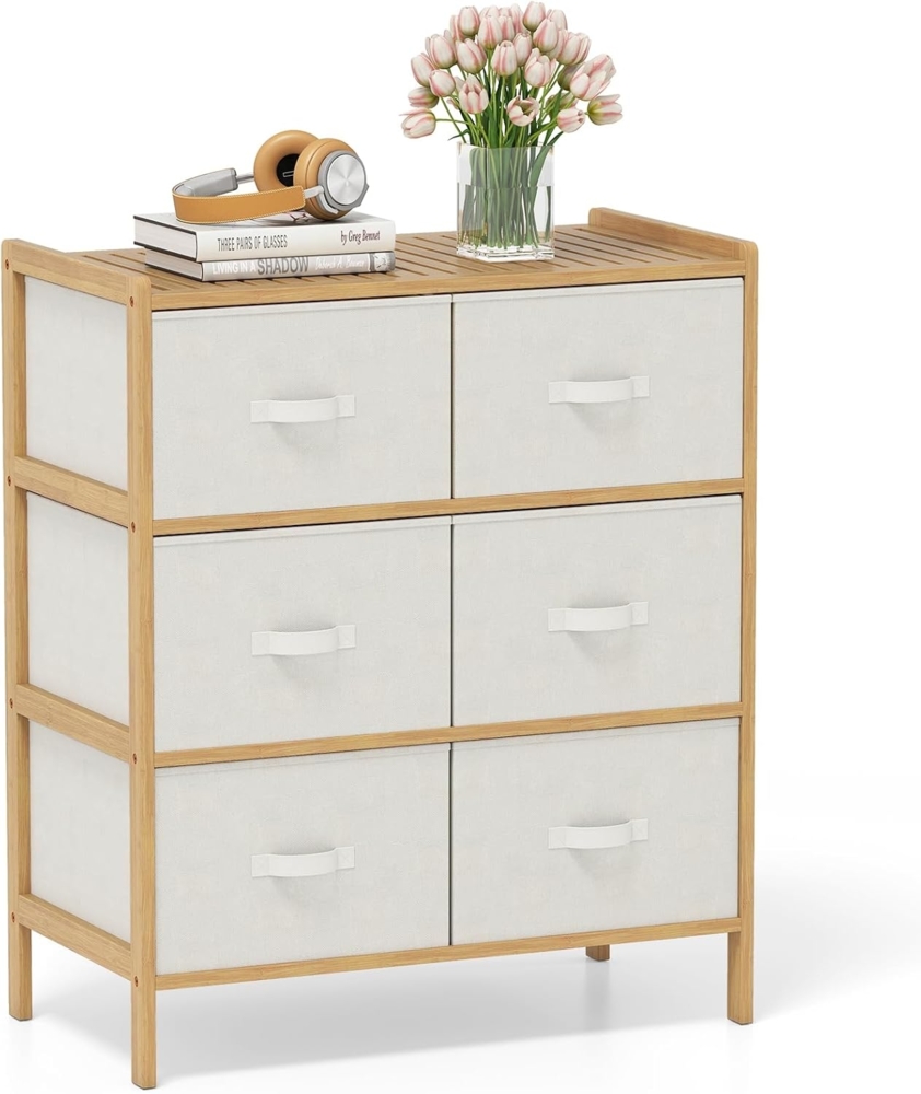 FANTASK Kommode Bambus, Schubladenschrank mit 6 faltbaren Stoffschubladen & oberem Regal, klein komodenschrank für Schlafzimmer, Flur, Natur Bild 1