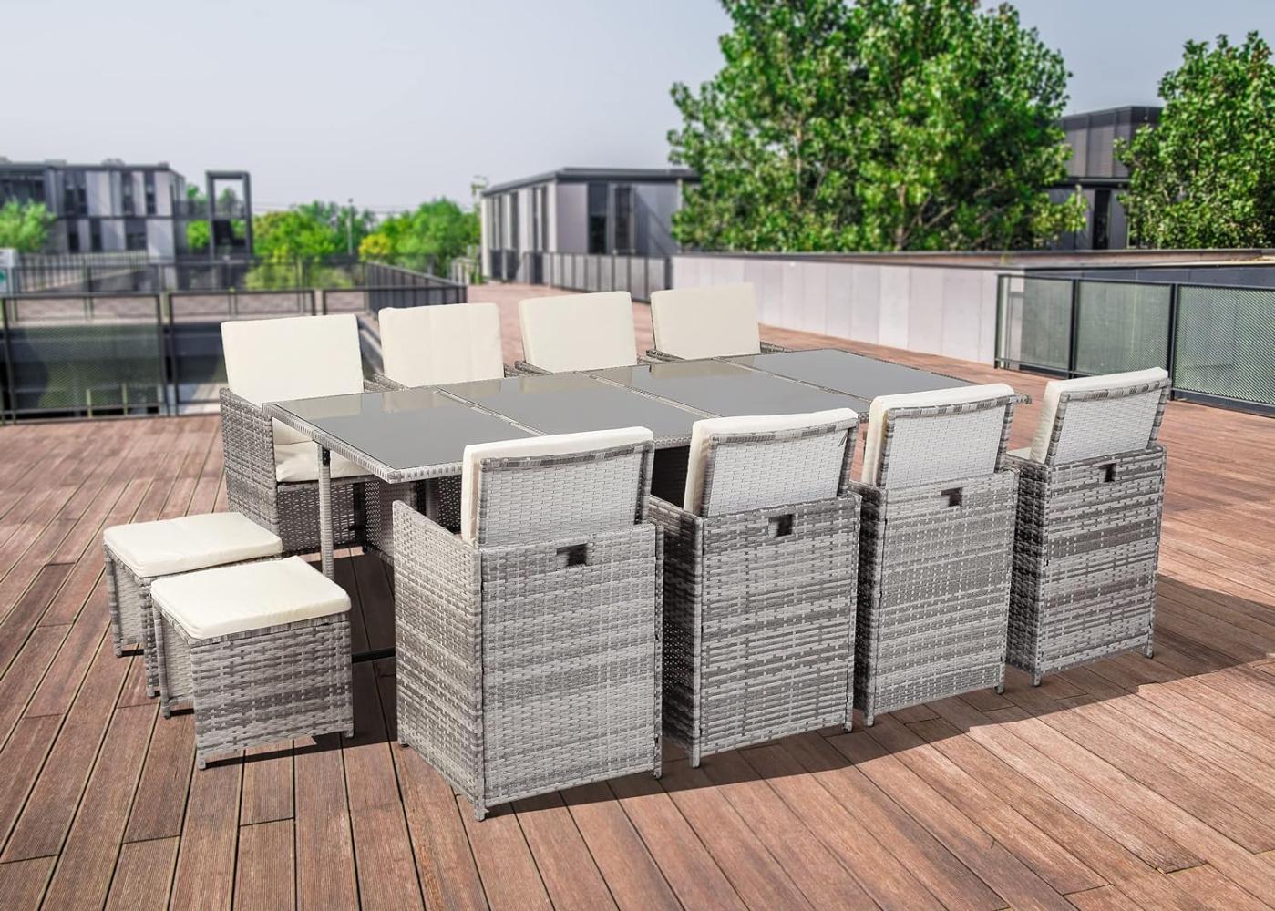 Ribelli Gartenmöbel Set 13-Teilig, Balkonmöbel aus Polyrattan, Wetterfest Sitzgruppe, Sitzgarnitur mit Sofa, Esstisch, Outdoor Kissen, Hocker, Stapelbar, für Rasen, Terrasse, Balkon, Garten, Grau Bild 1