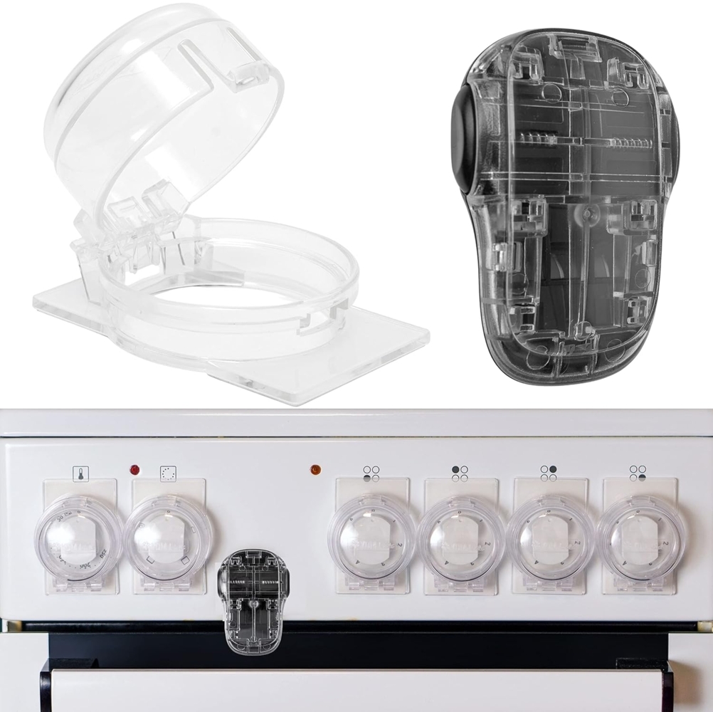 Herd Kindersicherung Set, für 6 Knöpfe, transparenter Kleber, mit Backofentür Kindersicherung, für max. Ø 4,9 cm und 4 cm hohe Herdknöpfe mit min. 6,1 cm Abstand Mitte-Mitte, Herdschutz Tür Knöpfe Kit Bild 1