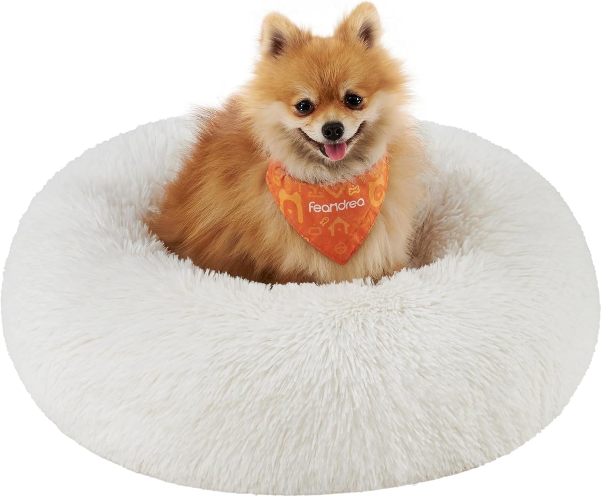 Feandrea Hundebett flauschig, Katzenbett, Donut Kissen, waschbar, Polsterung in der Mitte herausnehmbar, Langer Plüsch, 60 cm Durchmesser, wolkenweiß PGW038W01 Bild 1