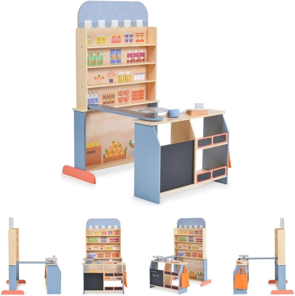 Moni Kinder Kaufladen 4426 Holz, Supermarkt, Tafel, Tasche, Kasse mit Scanner blau Bild 1