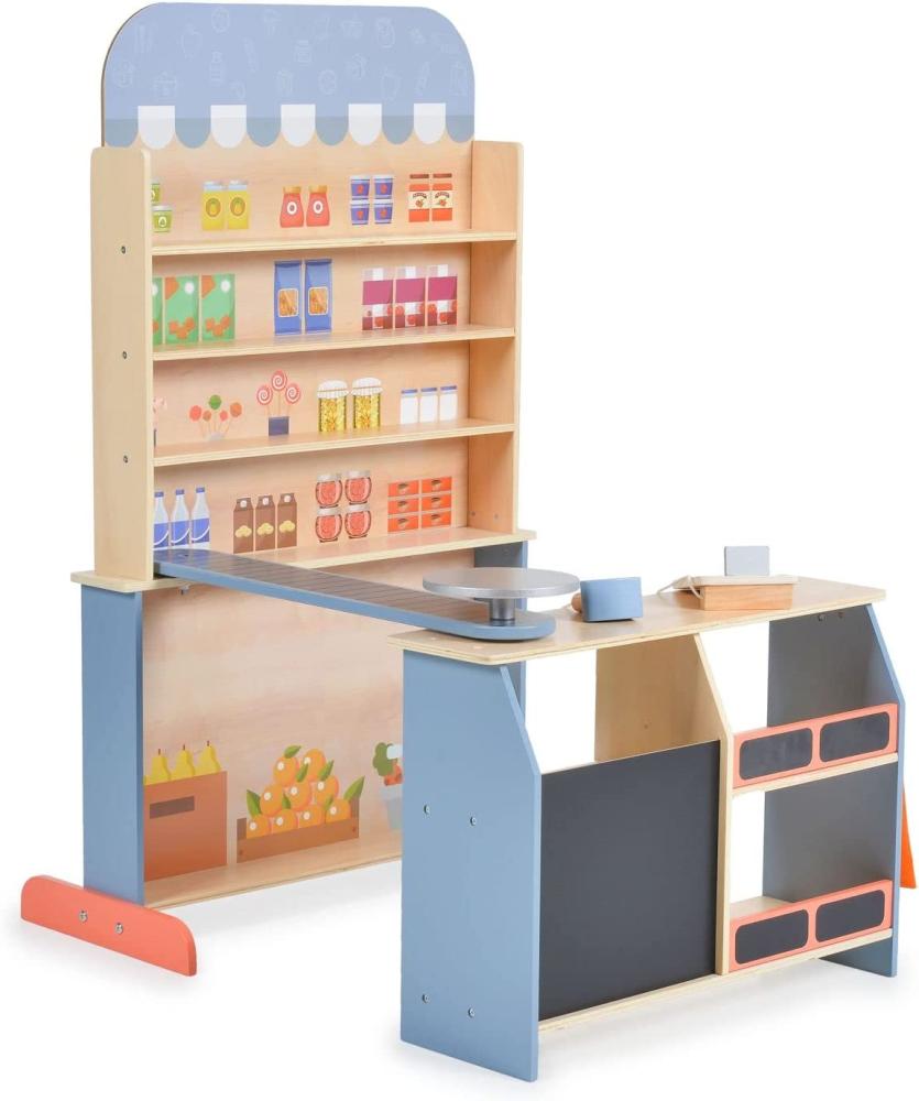 Moni Kinder Kaufladen 4426 Holz, Supermarkt, Tafel, Tasche, Kasse mit Scanner blau Bild 1